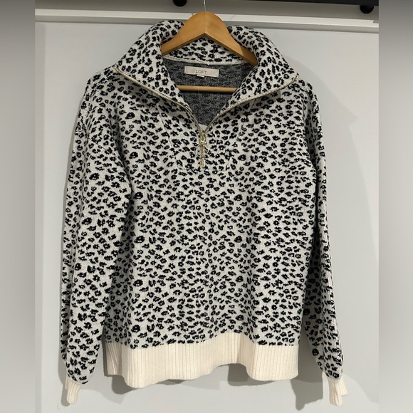 The Loft Black and White Cheetah Half Zip Collared Sweater Small - Picture 1 of 11